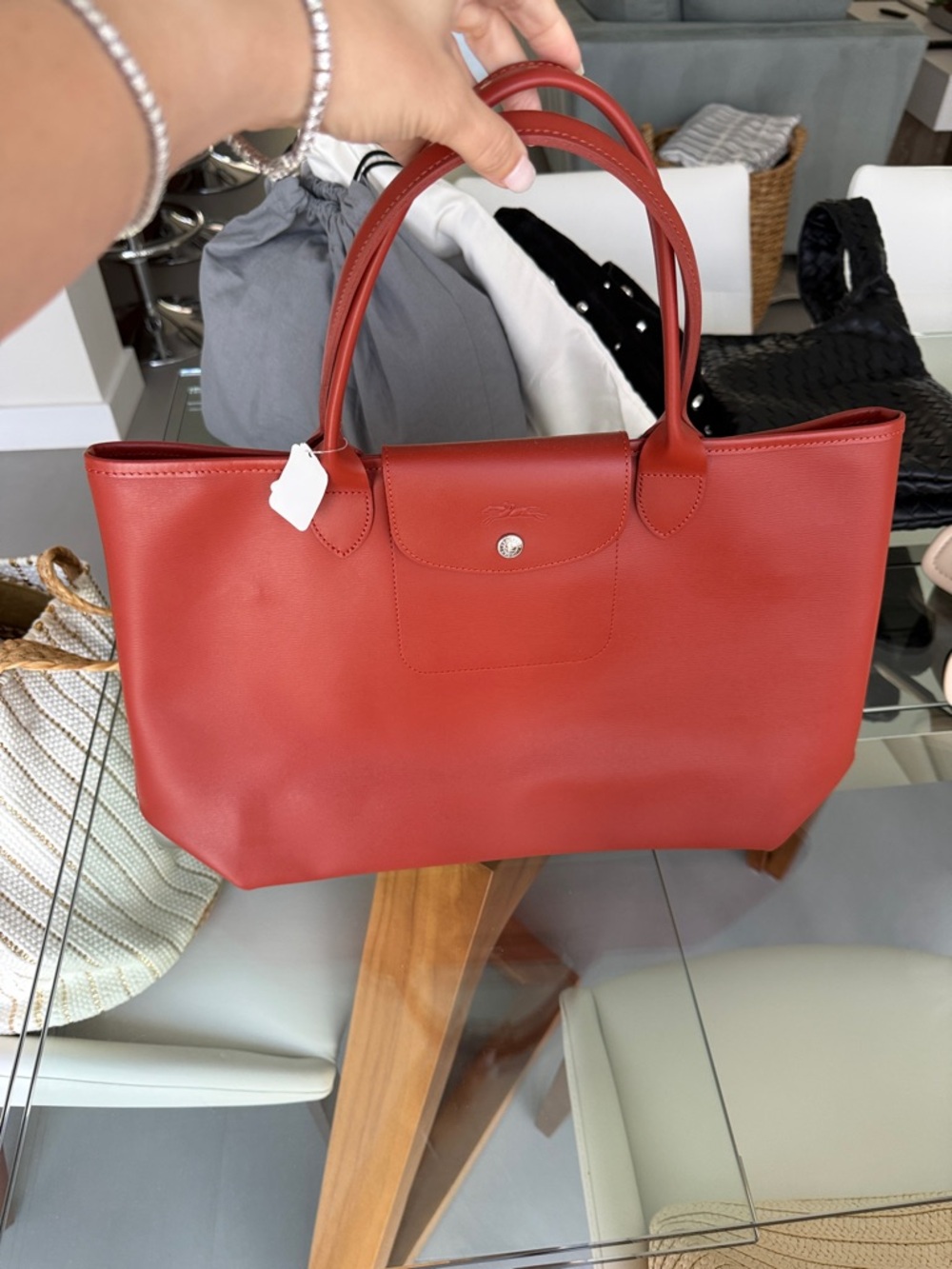 Longchamp Red Leather Tote with Top Handles